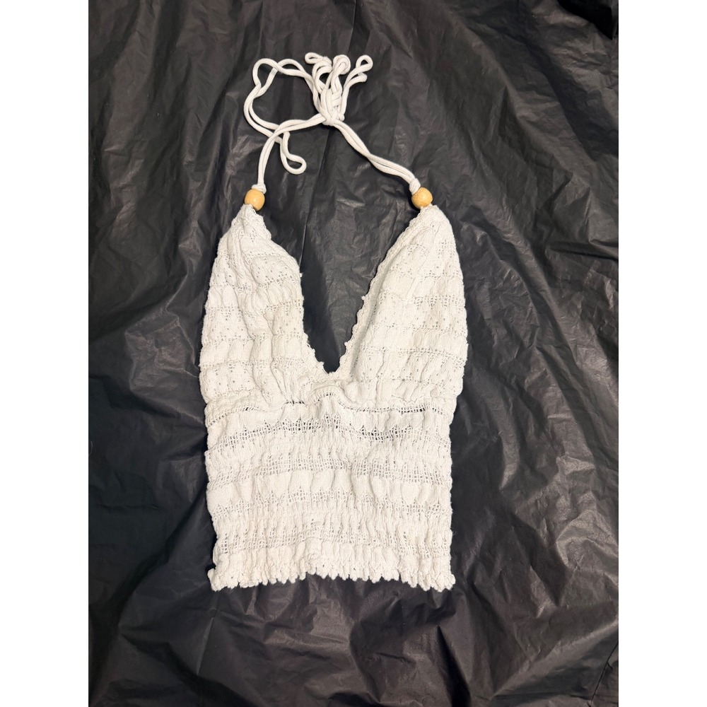 Blanco By Nature White Smocked Halter Top Wood Bead Detail XL Made in Peru